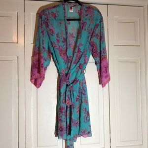 Josie Kimono Swim Cover Up Paisley Tie Front Pinks Green SZ S R2